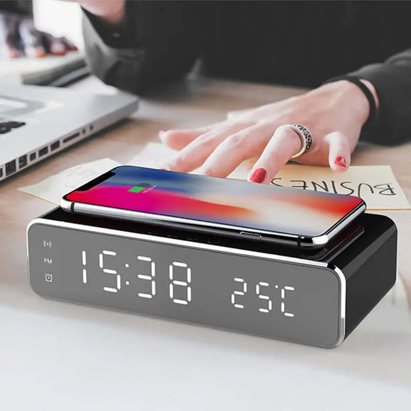 LED Electric Alarm Clock With Wireless Charger Desktop Digital Despertador Thermometer Clock HD Mirror Clock Watch Table Decor Jingqian
